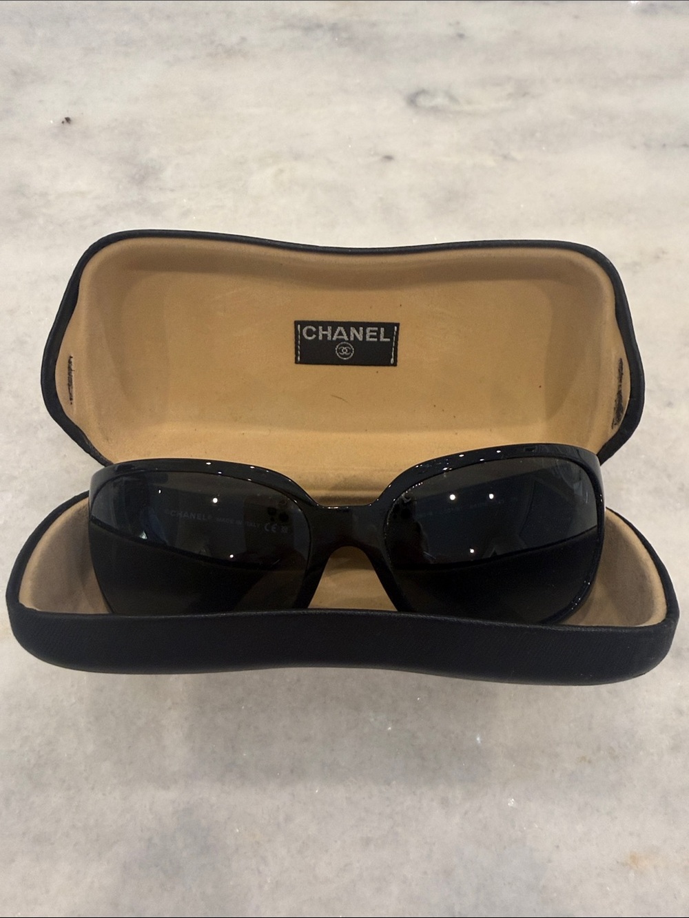 CHANEL Black Sleek Oversized Sunglasses with sparkle on the sides